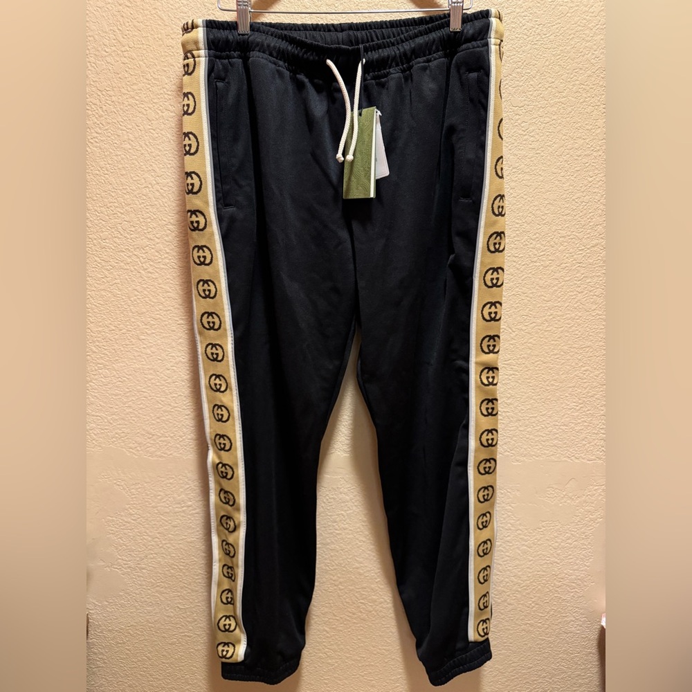 New Authentic Gucci GG Logo Sweatpants Black Tan